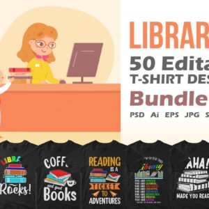 Librarian 50 Editable T-shirt Designs Bundle Part 1